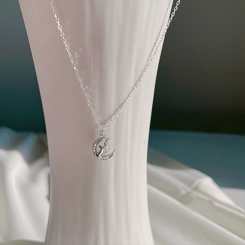 Crescent Moon Cat Necklace - Sterling Silver