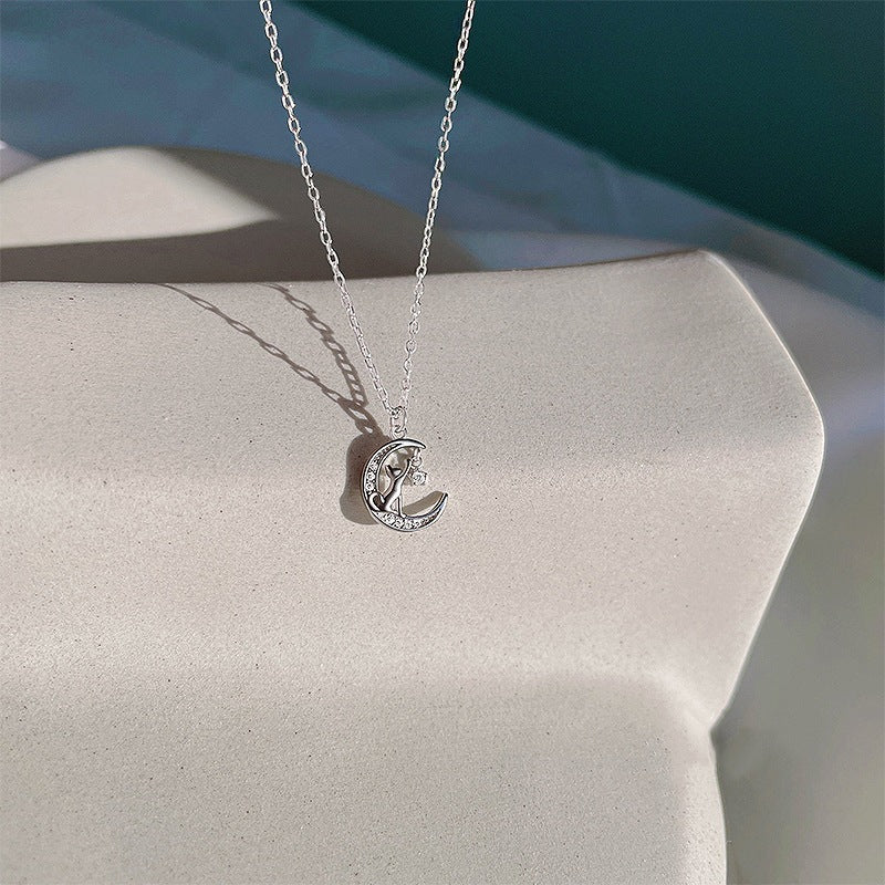 Crescent Moon Cat Necklace - Sterling Silver