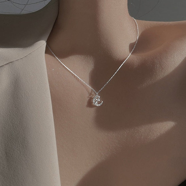 Crescent Moon Cat Necklace - Sterling Silver