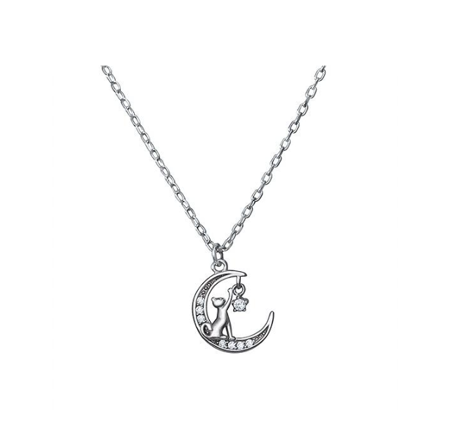 Crescent Moon Cat Necklace - Sterling Silver