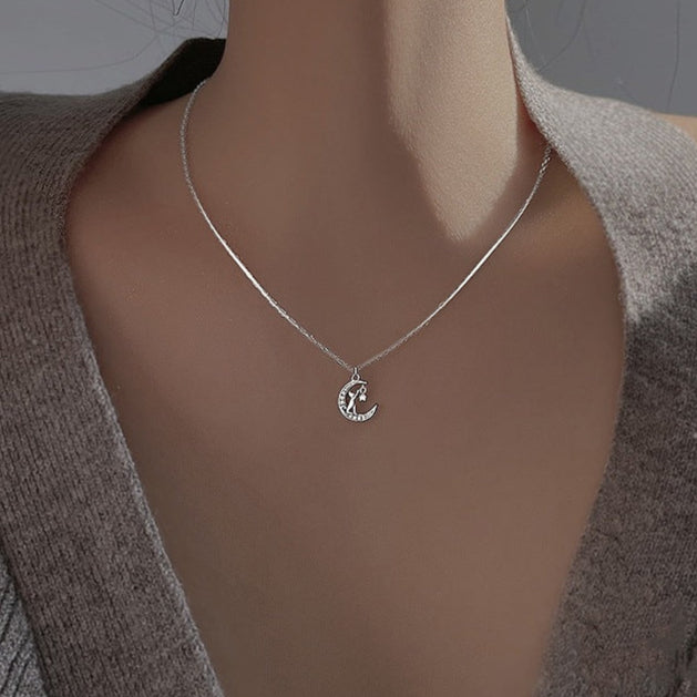 Crescent Moon Cat Necklace - Sterling Silver